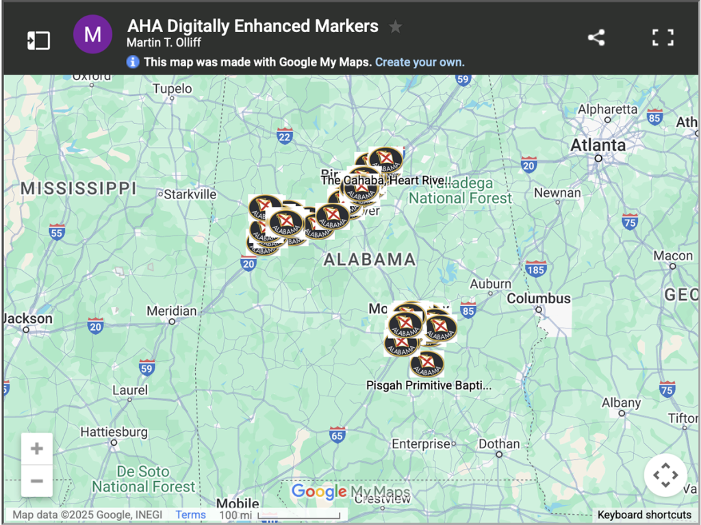 A screenshot of the interactive map from the Alabama Historical Association Historical Marker's Index.